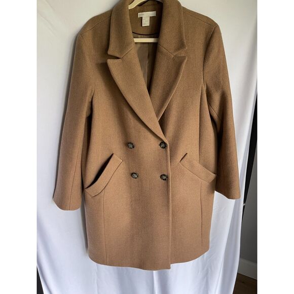 H&M Wool Blend Coat Camel Tan Double Breasted Manteco Sustainable Fabric Size 8 - Picture 1 of 6